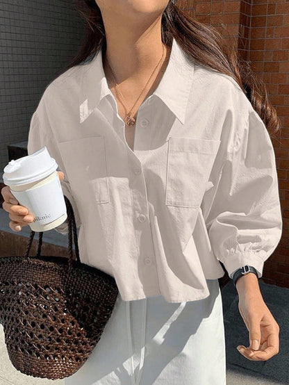 Jouncy Women's Single Breasted Pocket Casual Loose Short Long Sleeve Blouse