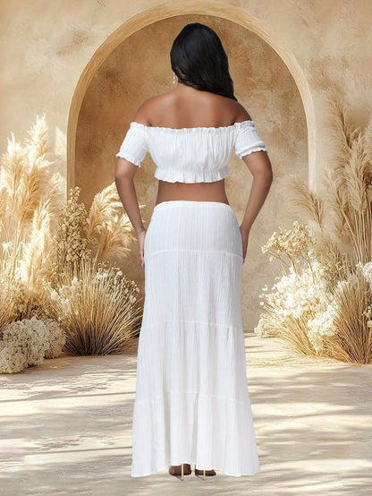 JustVH 2pcs/Set Maternity Off-Shoulder Ruffle Hem Crop Top And Flowing Maxi Skirt Set, Suitable For Photography And Beach Wear Spring White Fall
