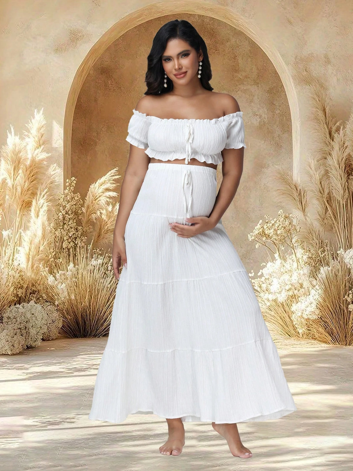 JustVH 2pcs/Set Maternity Off-Shoulder Ruffle Hem Crop Top And Flowing Maxi Skirt Set, Suitable For Photography And Beach Wear Spring White Fall