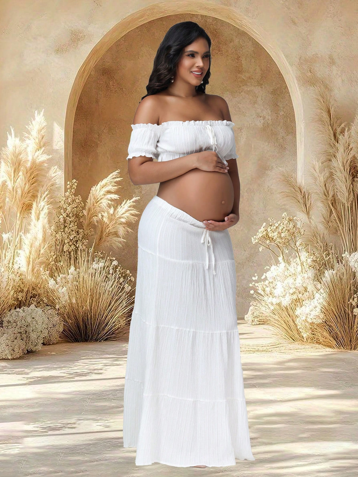 JustVH 2pcs/Set Maternity Off-Shoulder Ruffle Hem Crop Top And Flowing Maxi Skirt Set, Suitable For Photography And Beach Wear Spring White Fall