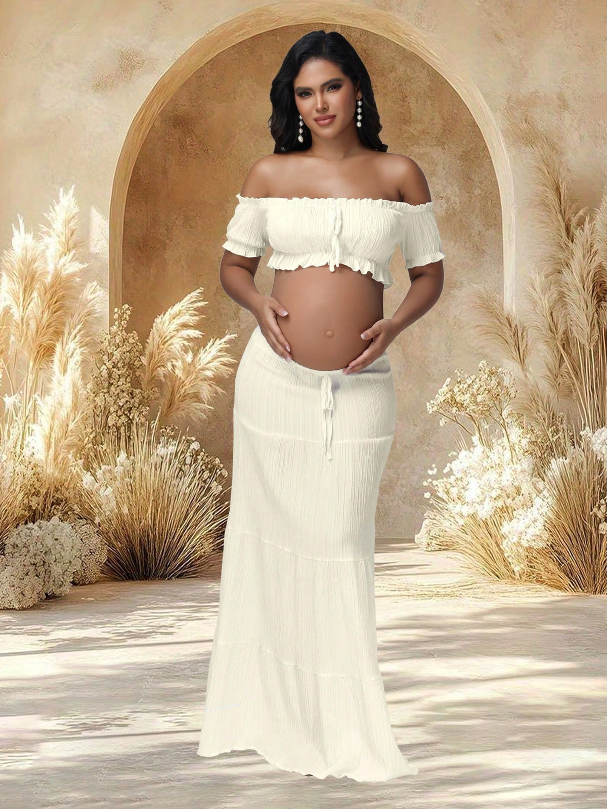 JustVH 2pcs/Set Maternity Off-Shoulder Ruffle Hem Crop Top And Flowing Maxi Skirt Set, Suitable For Photography And Beach Wear Spring White Fall