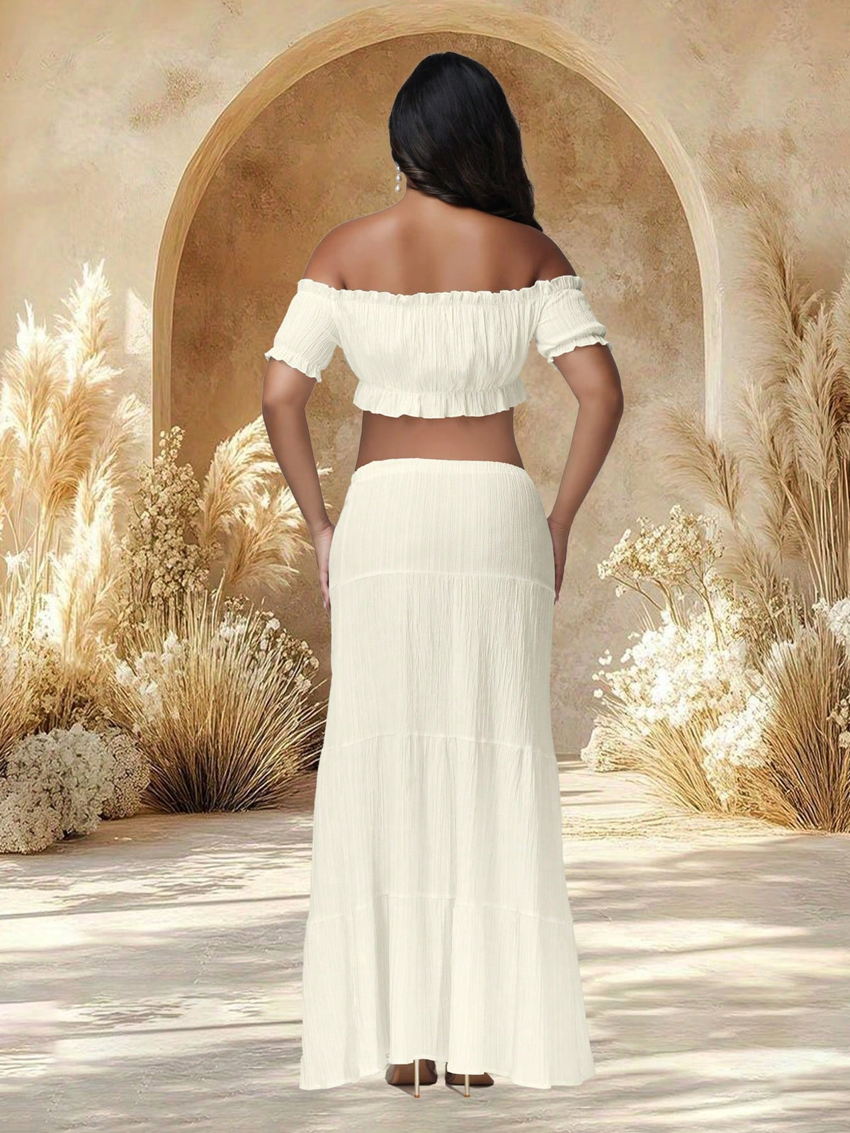 JustVH 2pcs/Set Maternity Off-Shoulder Ruffle Hem Crop Top And Flowing Maxi Skirt Set, Suitable For Photography And Beach Wear Spring White Fall