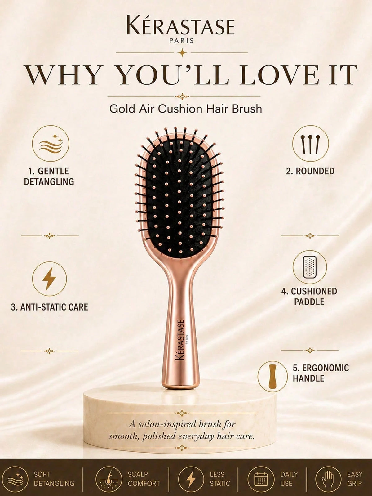 Kérastase Rose Gold Air Cushion Brush 17*6cm, Soothing Scalp And Anti-Static, Elastic Cushion For Smooth Hair Without Pulling, Suitable For Home, Travel, Daily Hair Care, And Gifting
