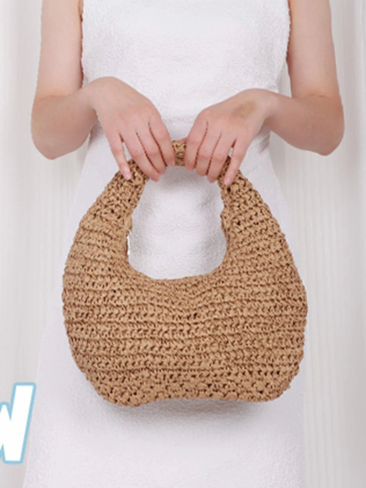 Khaki Women's Handmade Slouchy Shoulder Bag, Summer Beach Hobo Raffia Woven Crescent Tote Handbag