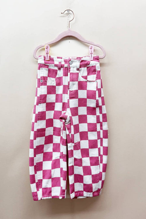 Kids Checkered Printed Barrel Denim Pants - Pink