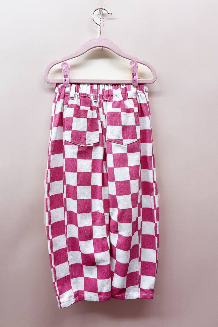 Kids Checkered Printed Barrel Denim Pants - Pink