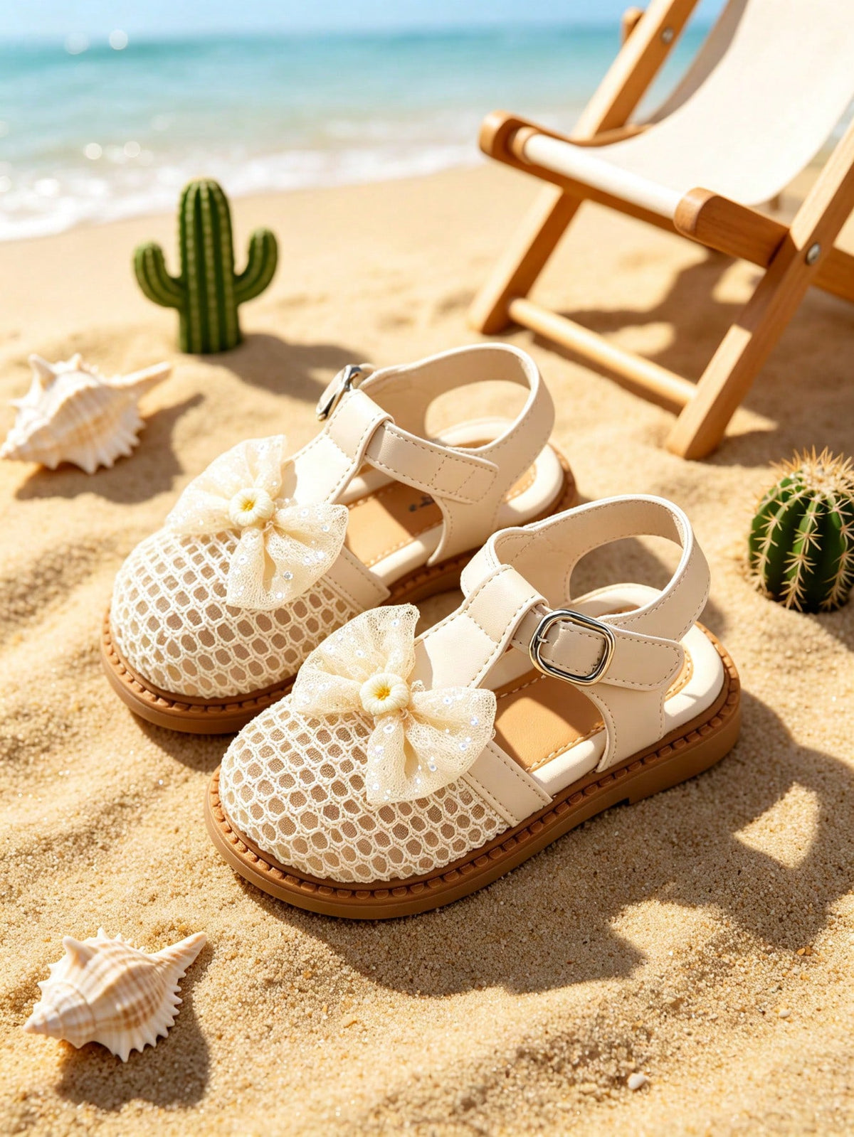 Kids Girls Beige Closed Toe Sandals, Lace Bow Flower Decor, Adjustable Buckle Strap, Non-Slip Sole, Sweet Casual Shoes For Beach Daily Wear