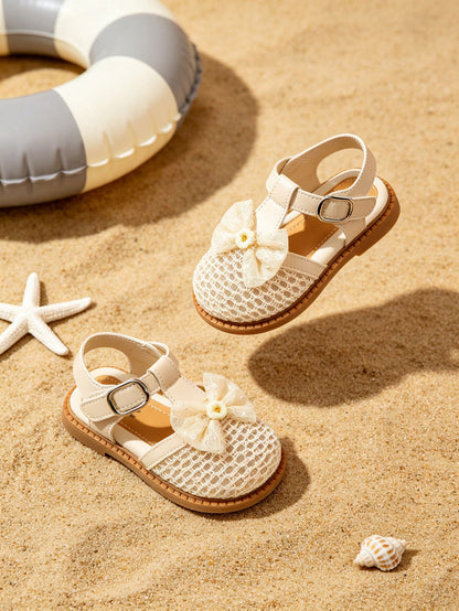 Kids Girls Beige Closed Toe Sandals, Lace Bow Flower Decor, Adjustable Buckle Strap, Non-Slip Sole, Sweet Casual Shoes For Beach Daily Wear