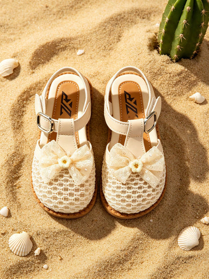 Kids Girls Beige Closed Toe Sandals, Lace Bow Flower Decor, Adjustable Buckle Strap, Non-Slip Sole, Sweet Casual Shoes For Beach Daily Wear