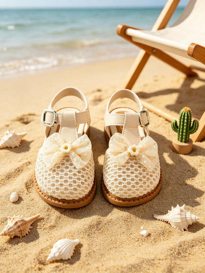 Kids Girls Beige Closed Toe Sandals, Lace Bow Flower Decor, Adjustable Buckle Strap, Non-Slip Sole, Sweet Casual Shoes For Beach Daily Wear