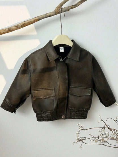 Kids/Young Boy Loose PU Collar Patch Pocket Jacket,Winter Career Day Back-To-School,Casual Everyday Versatile Comfortable Thick Woven Autumn Coat