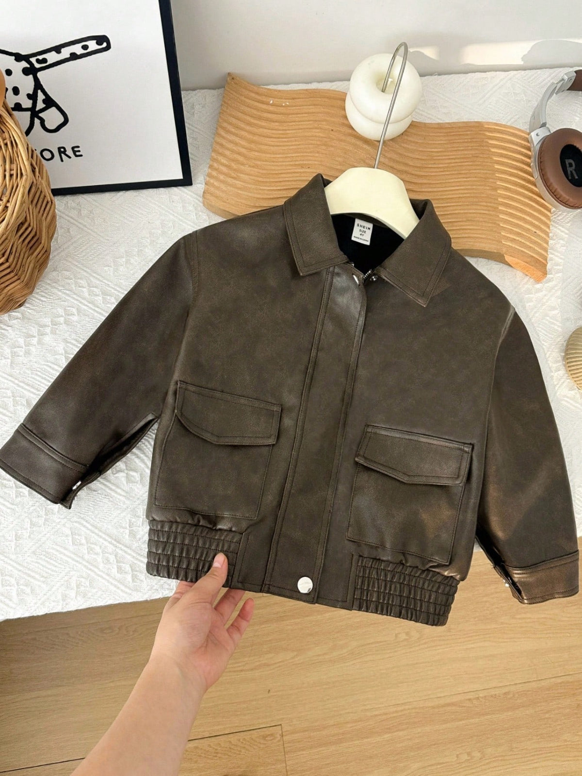 Kids/Young Boy Loose PU Collar Patch Pocket Jacket,Winter Career Day Back-To-School,Casual Everyday Versatile Comfortable Thick Woven Autumn Coat