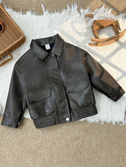 Kids/Young Boy Loose PU Collar Patch Pocket Jacket,Winter Career Day Back-To-School,Casual Everyday Versatile Comfortable Thick Woven Autumn Coat