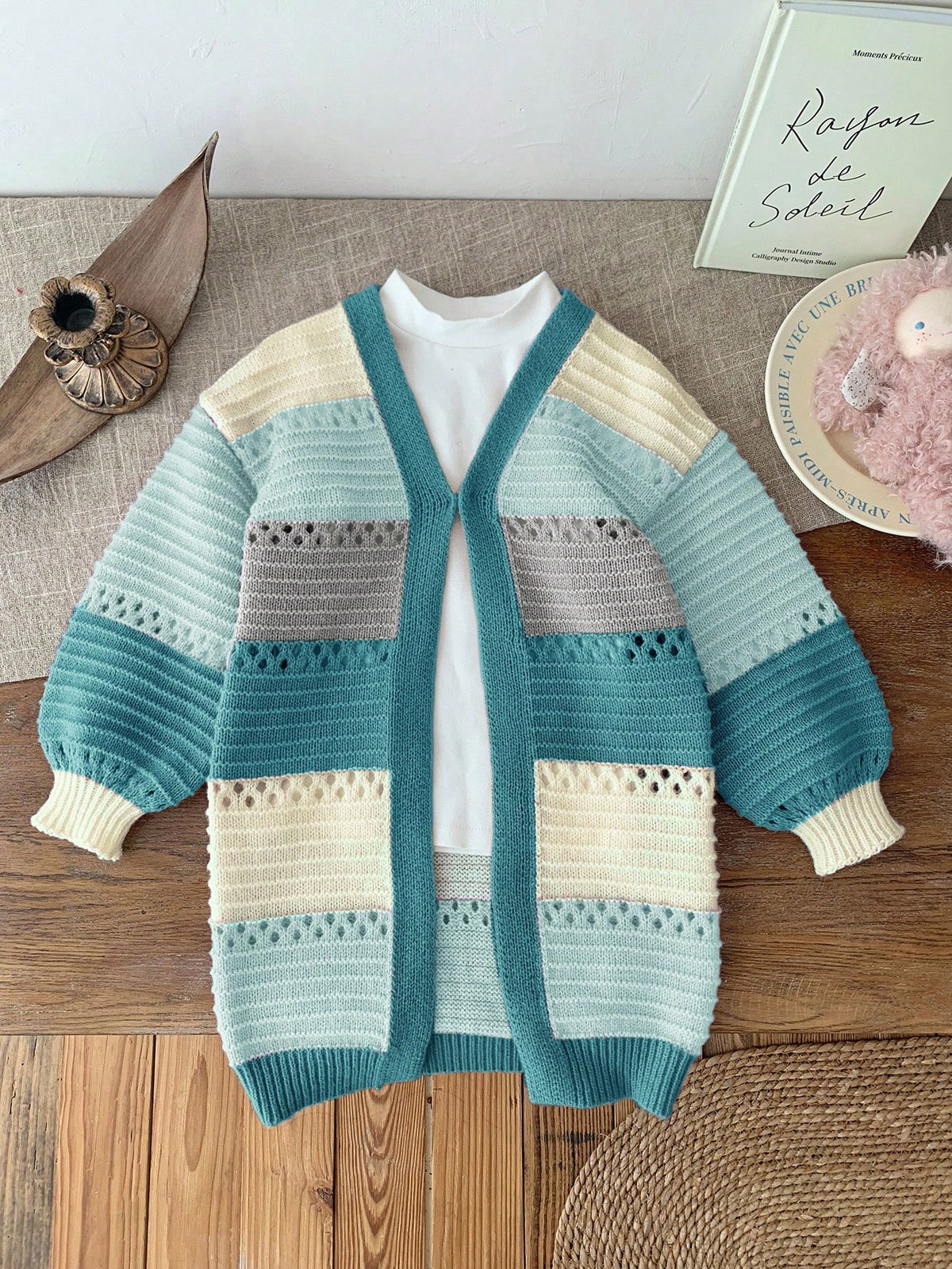 Kids Young Girl Autumn/Winter Casual Colorblock Blue Cardigan Back-To-School
