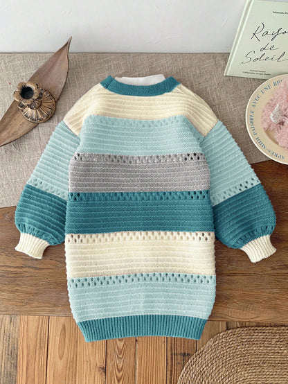 Kids Young Girl Autumn/Winter Casual Colorblock Blue Cardigan Back-To-School