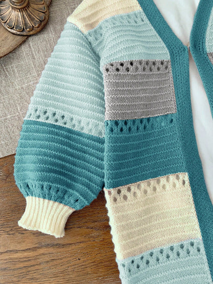 Kids Young Girl Autumn/Winter Casual Colorblock Blue Cardigan Back-To-School