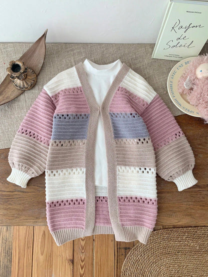 Kids Young Girl Autumn/Winter Casual Colorblock Blue Cardigan Back-To-School