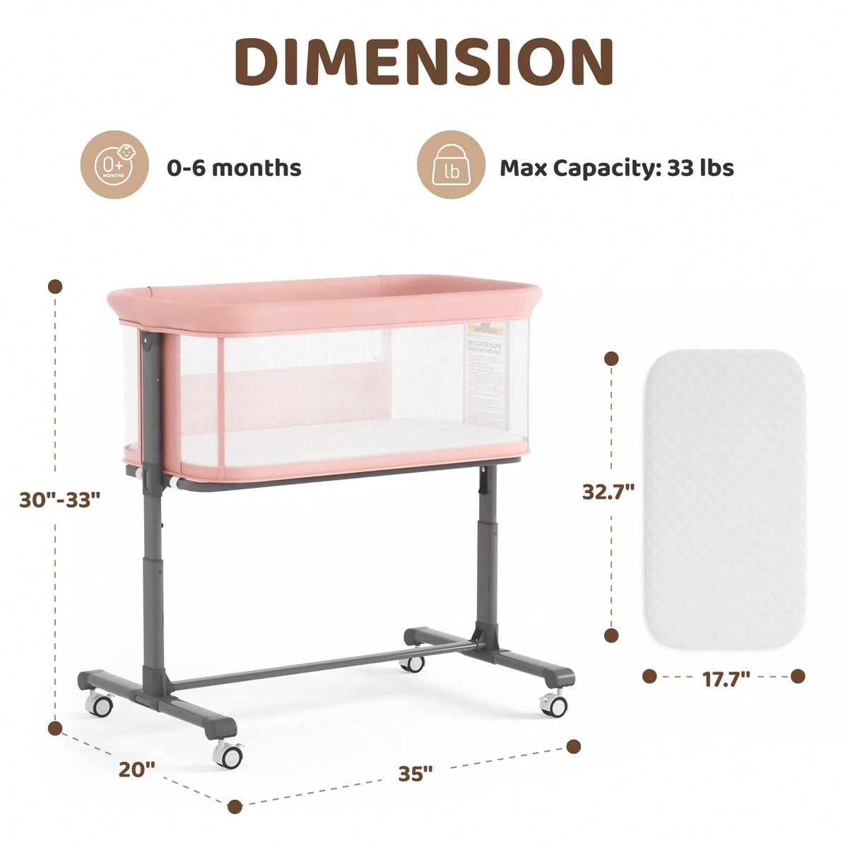 Kinder King Baby Bassinet, Newborn Bedside Crib With Wheels, All-Sided Mesh, Adjustable Height, Removable Soft Mattress No Tool To Assemble,Pink
