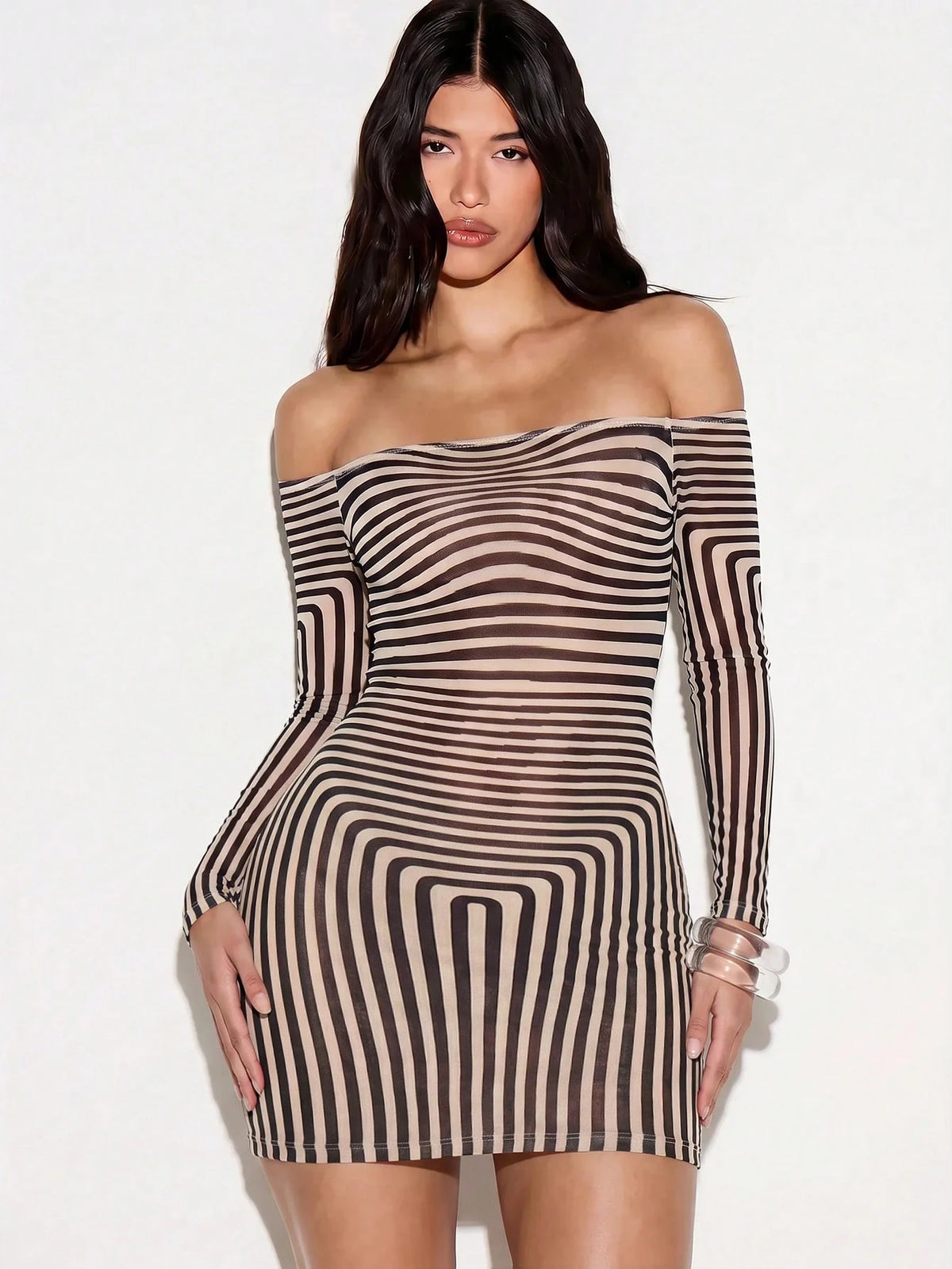 KIZN Off Shoulder Illusion Print Long Sleeve Bodycon Mini Dress With Striped Pattern Fall Winter Fashion