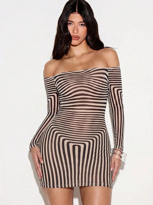KIZN Off Shoulder Illusion Print Long Sleeve Bodycon Mini Dress With Striped Pattern Fall Winter Fashion