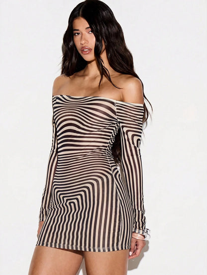 KIZN Off Shoulder Illusion Print Long Sleeve Bodycon Mini Dress With Striped Pattern Fall Winter Fashion