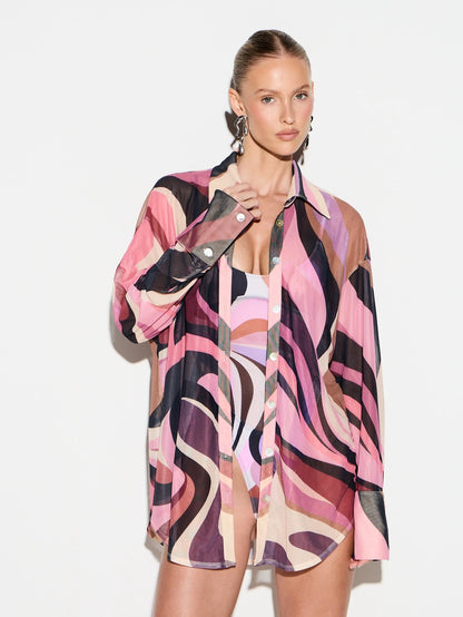 KIZN Women's Swirl Print Mesh Beach Button Down Shirt Long Sleeve Oversized Sheer Cover Up Vacation Resort Wear Summer