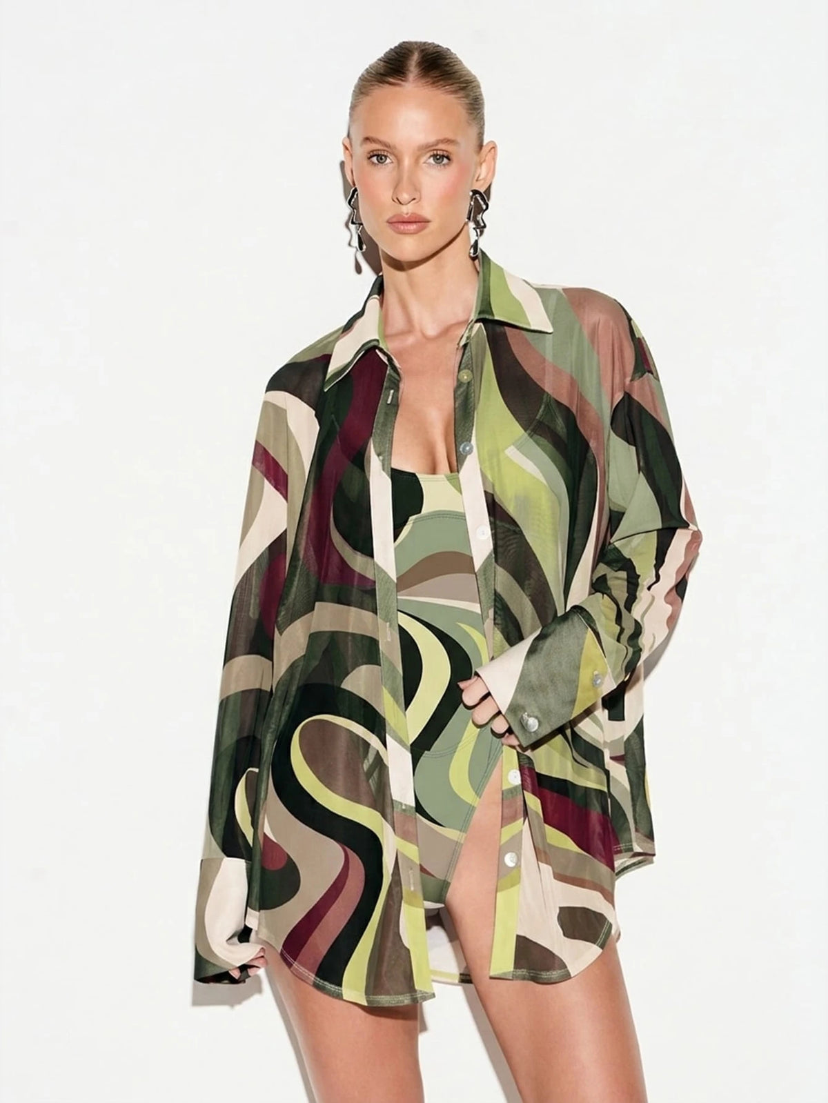 KIZN Women's Swirl Print Mesh Beach Button Down Shirt Long Sleeve Oversized Sheer Cover Up Vacation Resort Wear Summer