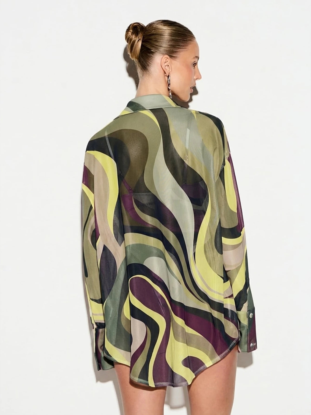 KIZN Women's Swirl Print Mesh Beach Button Down Shirt Long Sleeve Oversized Sheer Cover Up Vacation Resort Wear Summer