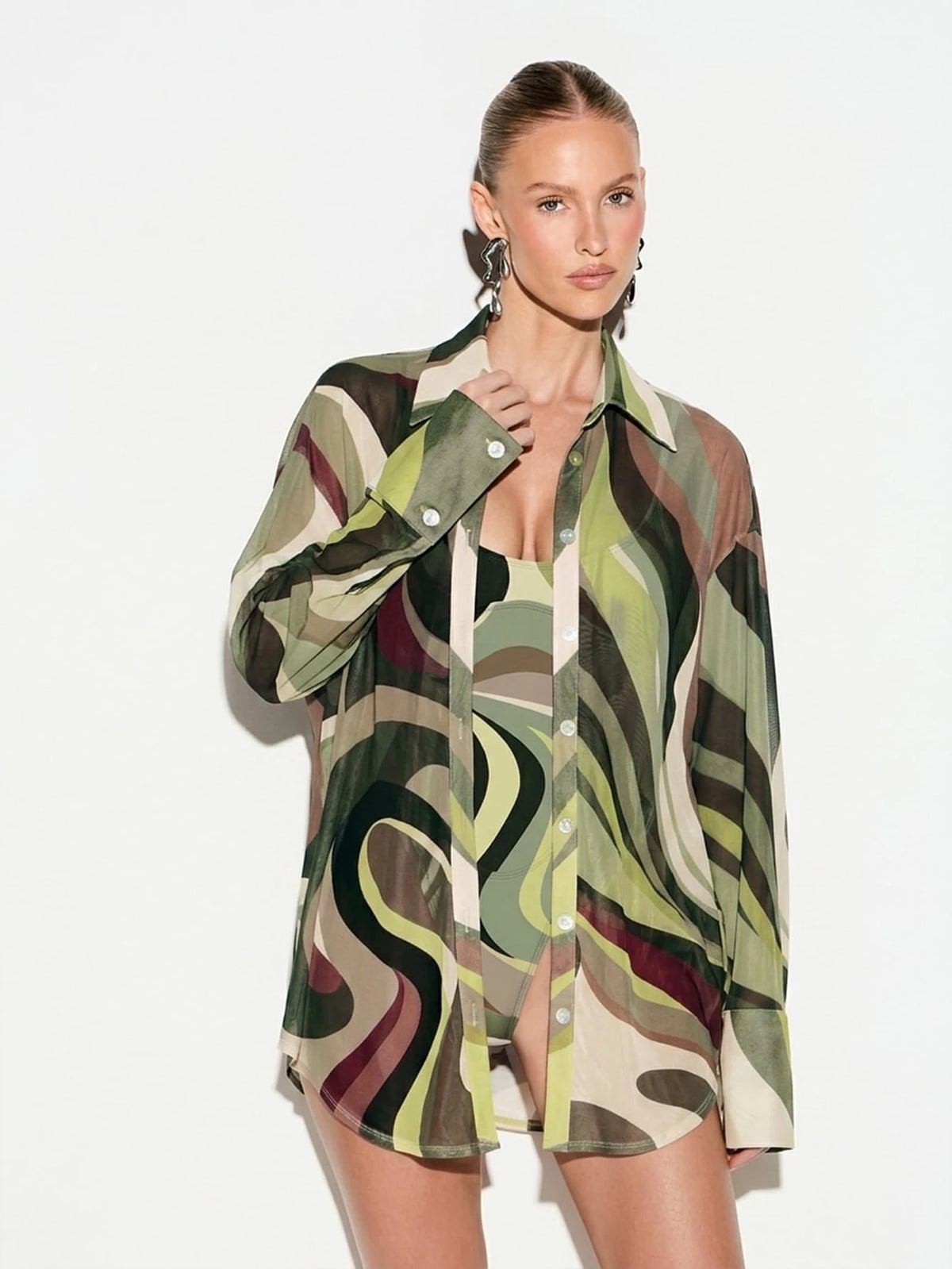 KIZN Women's Swirl Print Mesh Beach Button Down Shirt Long Sleeve Oversized Sheer Cover Up Vacation Resort Wear Summer