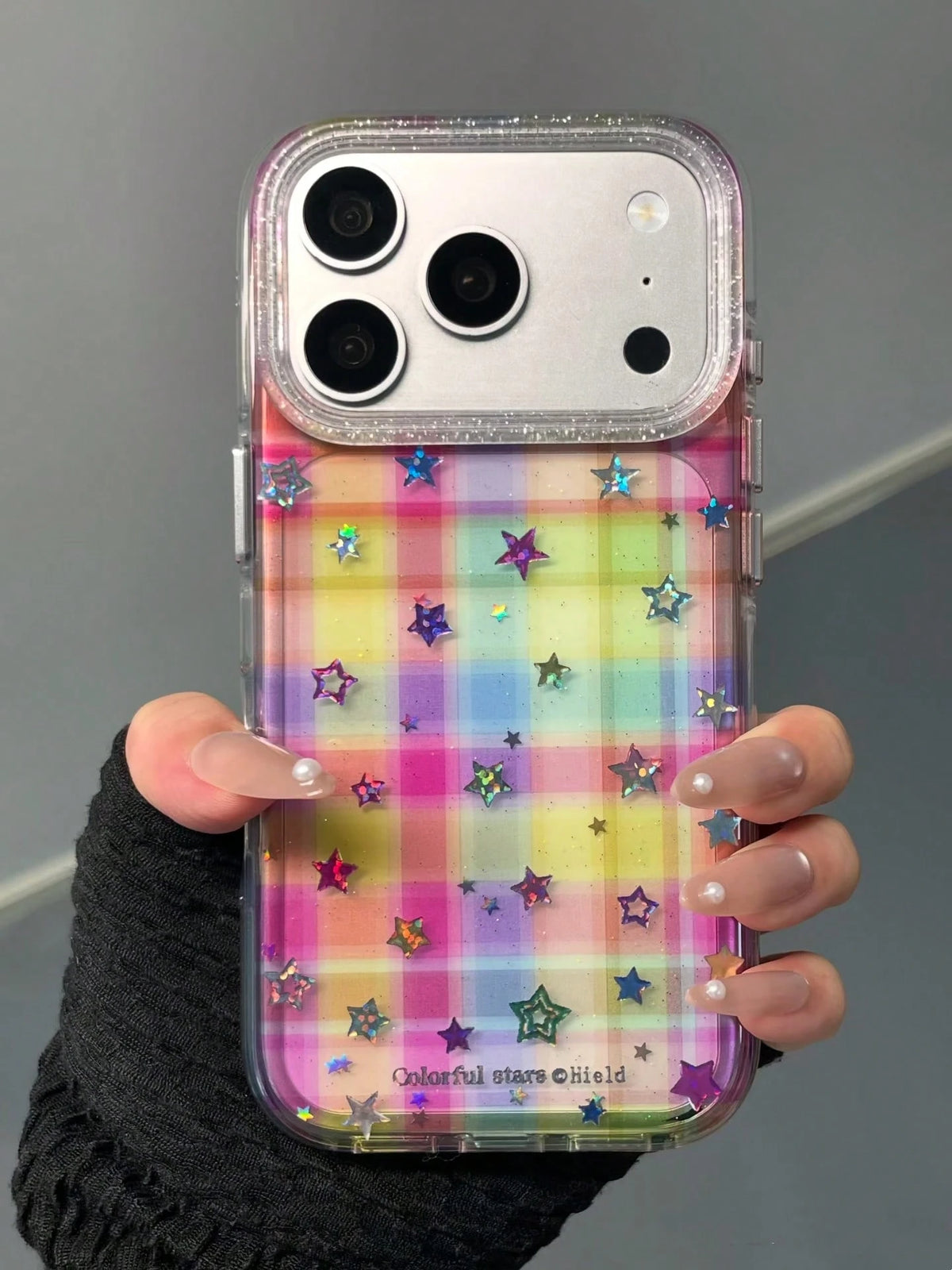 Korean Style Dopamine Colorful Plaid Gold Star Apple 17 Pro Max Phone Case, Double Layer 15 New 16 Pro Women 17 Pro Super Pretty 14 Shockproof Phone Cover
