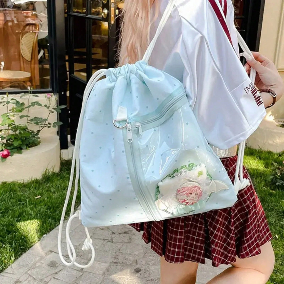 Korean Style Nylon Drawstring Backpack Lightweight Wave Point Light Soft Nylon Bag Sweet Harajuku Student Schoolbag Hiking