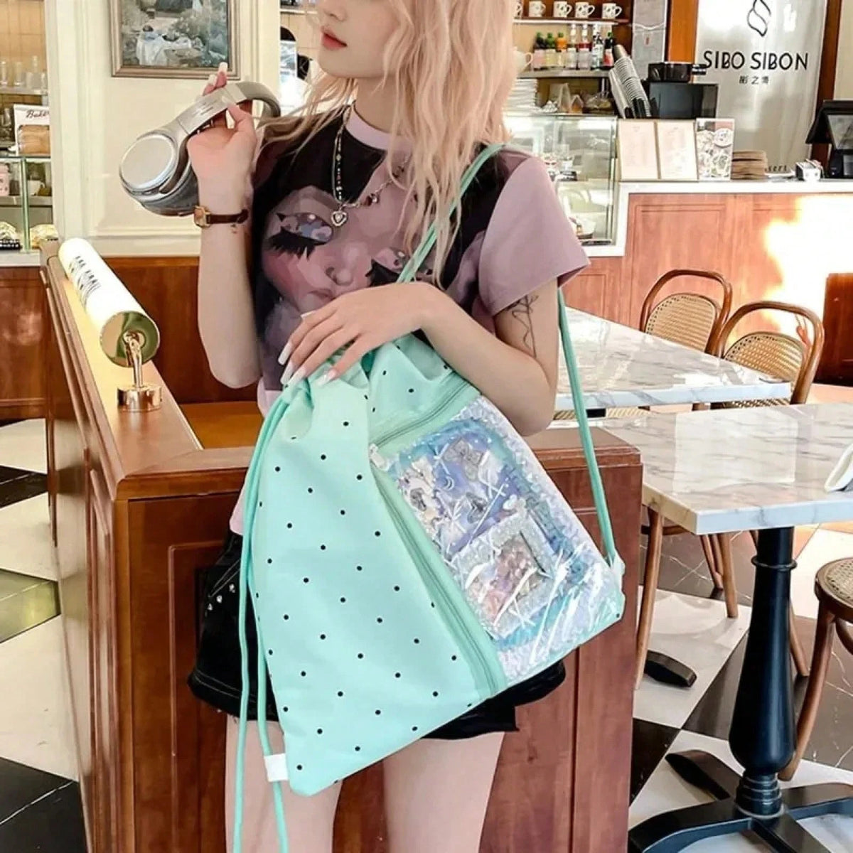 Korean Style Nylon Drawstring Backpack Lightweight Wave Point Light Soft Nylon Bag Sweet Harajuku Student Schoolbag Hiking