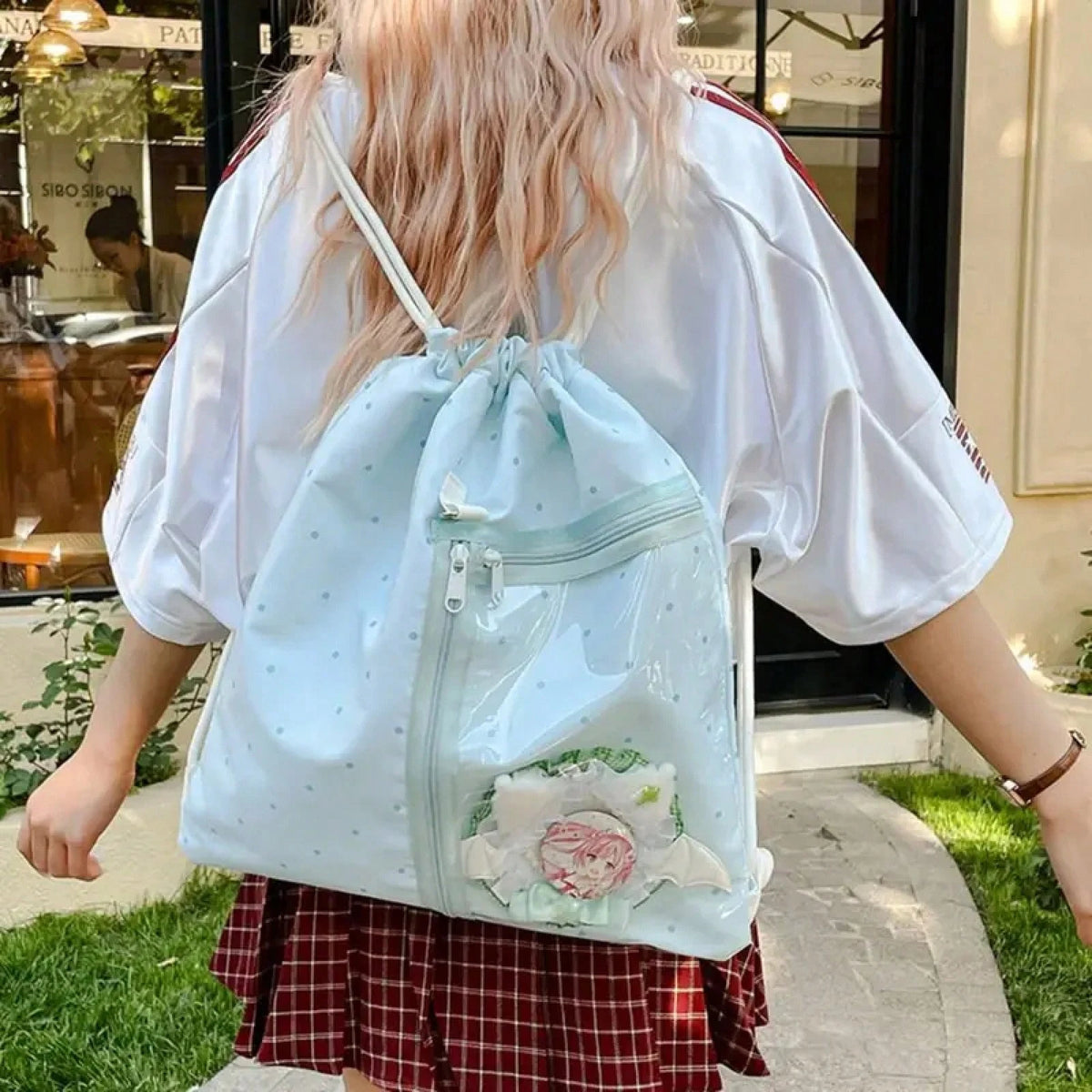 Korean Style Nylon Drawstring Backpack Lightweight Wave Point Light Soft Nylon Bag Sweet Harajuku Student Schoolbag Hiking