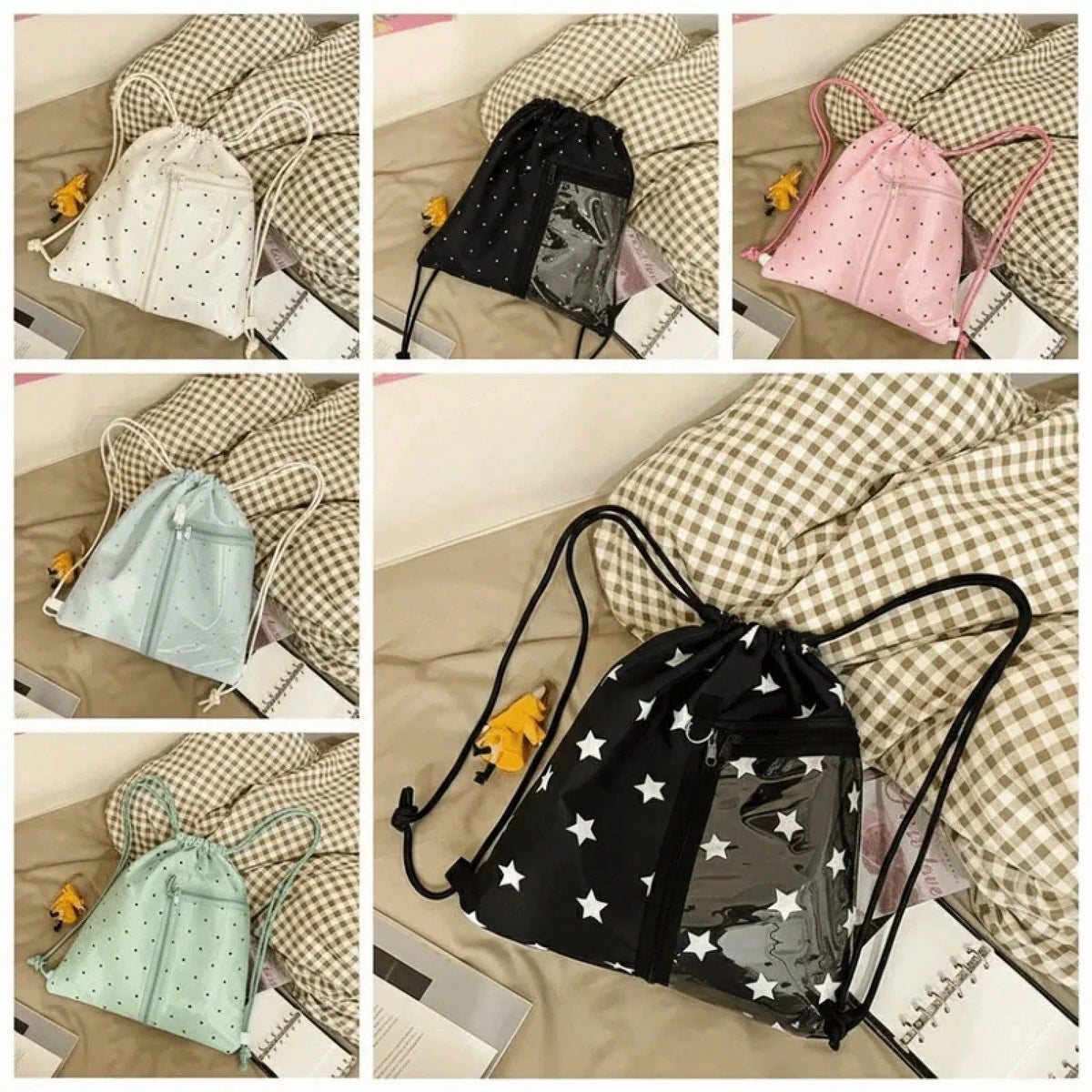 Korean Style Nylon Drawstring Backpack Lightweight Wave Point Light Soft Nylon Bag Sweet Harajuku Student Schoolbag Hiking