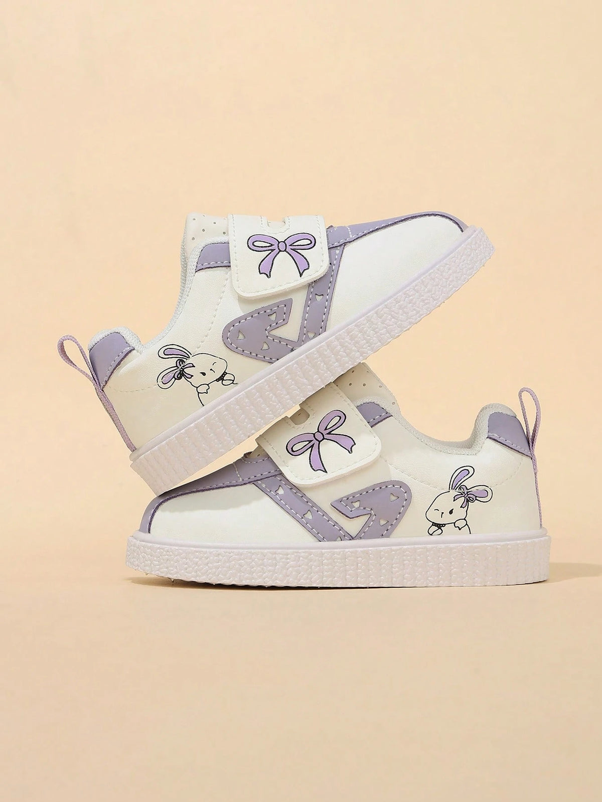 Korean Style Taro Purple Girls' Toddler Walking Shoes, Cartoon Kids' White Sneakers With Hook And Loop, Soft Sole, Anti-Slip, Wear-Resistant Baby Board Shoes