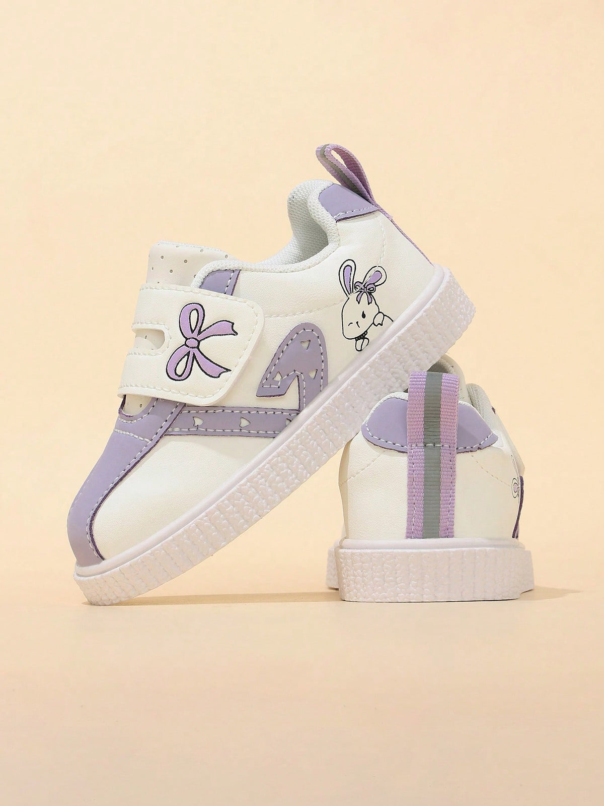 Korean Style Taro Purple Girls' Toddler Walking Shoes, Cartoon Kids' White Sneakers With Hook And Loop, Soft Sole, Anti-Slip, Wear-Resistant Baby Board Shoes