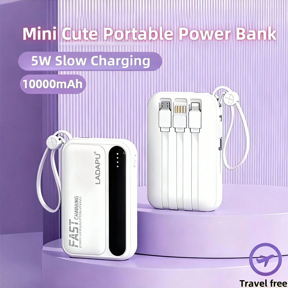LADAPU 10000mAh Mini Cute 5W Super Fast Charging Power Bank, Small Size Large Capacity, Rechargeable Portable Mobile Phone Charger, Built-In 4 Cables, Outdoor Travel Battery Packs, LED Digital Display
