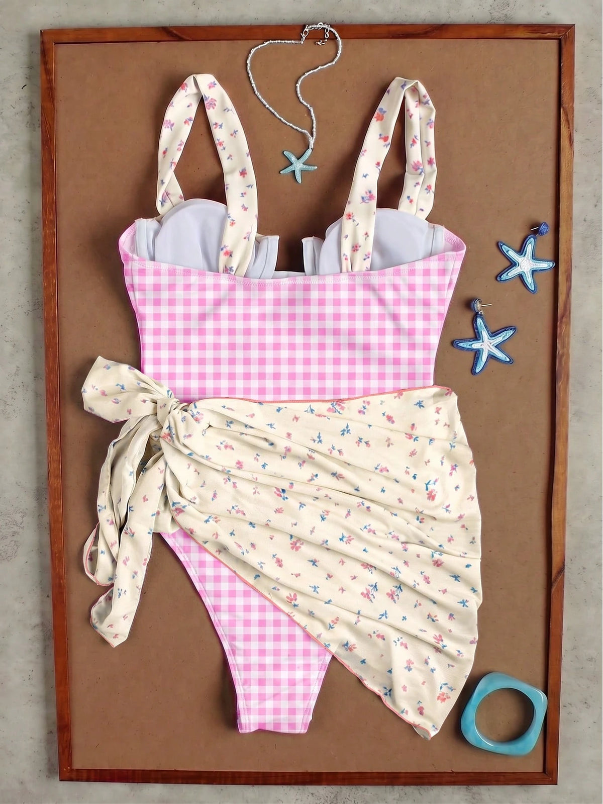 Ladies' Light Blue Floral Plaid Camisole Swimwear For Beach, Sweet Girl Vacation Style Two Pieces Bikini Set For Women's 2026 Spring Summer