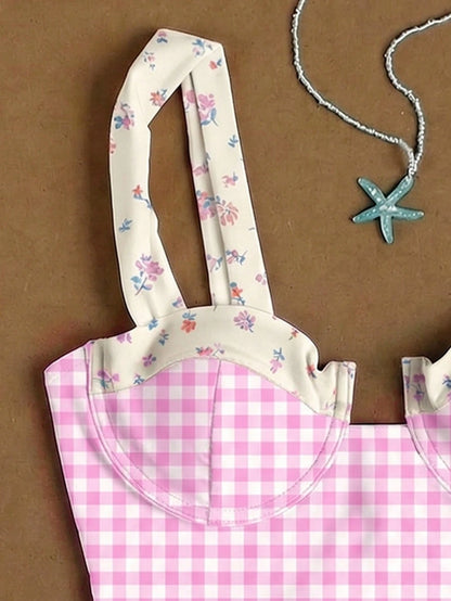 Ladies' Light Blue Floral Plaid Camisole Swimwear For Beach, Sweet Girl Vacation Style Two Pieces Bikini Set For Women's 2026 Spring Summer