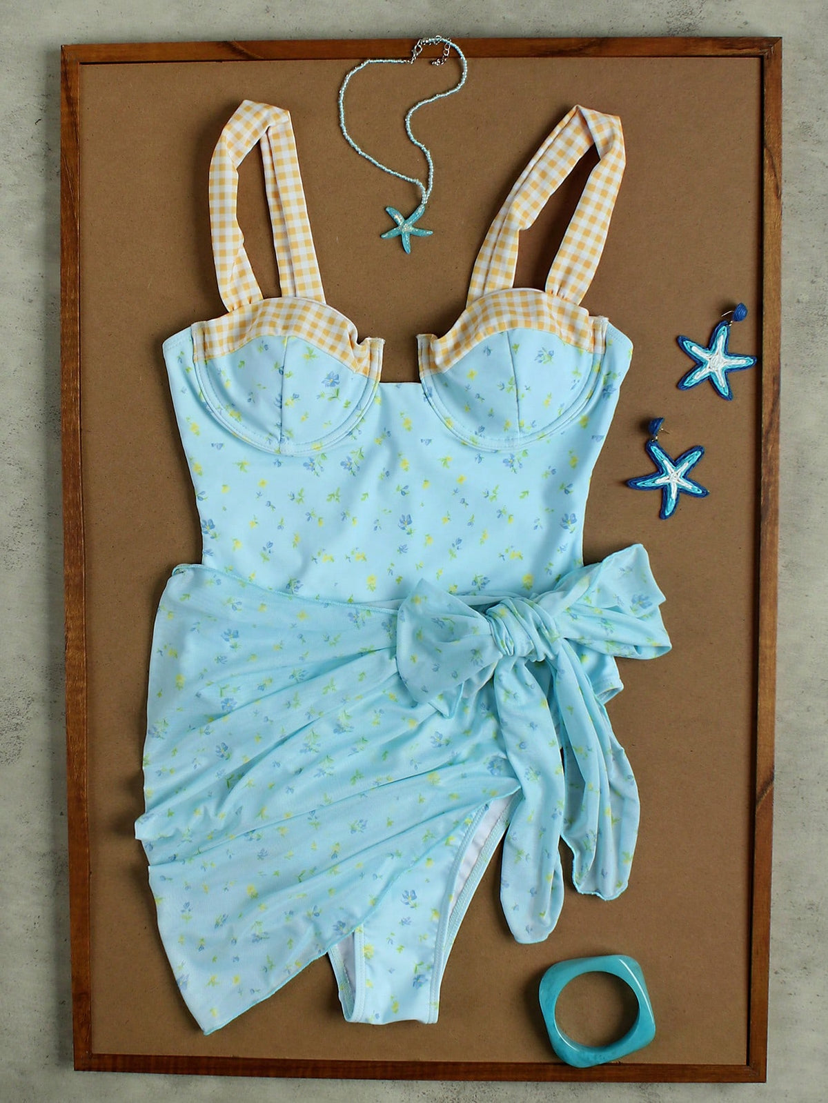 Ladies' Light Blue Floral Plaid Camisole Swimwear For Beach, Sweet Girl Vacation Style Two Pieces Bikini Set For Women's 2026 Spring Summer
