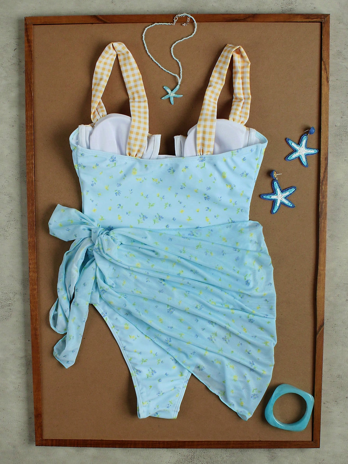 Ladies' Light Blue Floral Plaid Camisole Swimwear For Beach, Sweet Girl Vacation Style Two Pieces Bikini Set For Women's 2026 Spring Summer