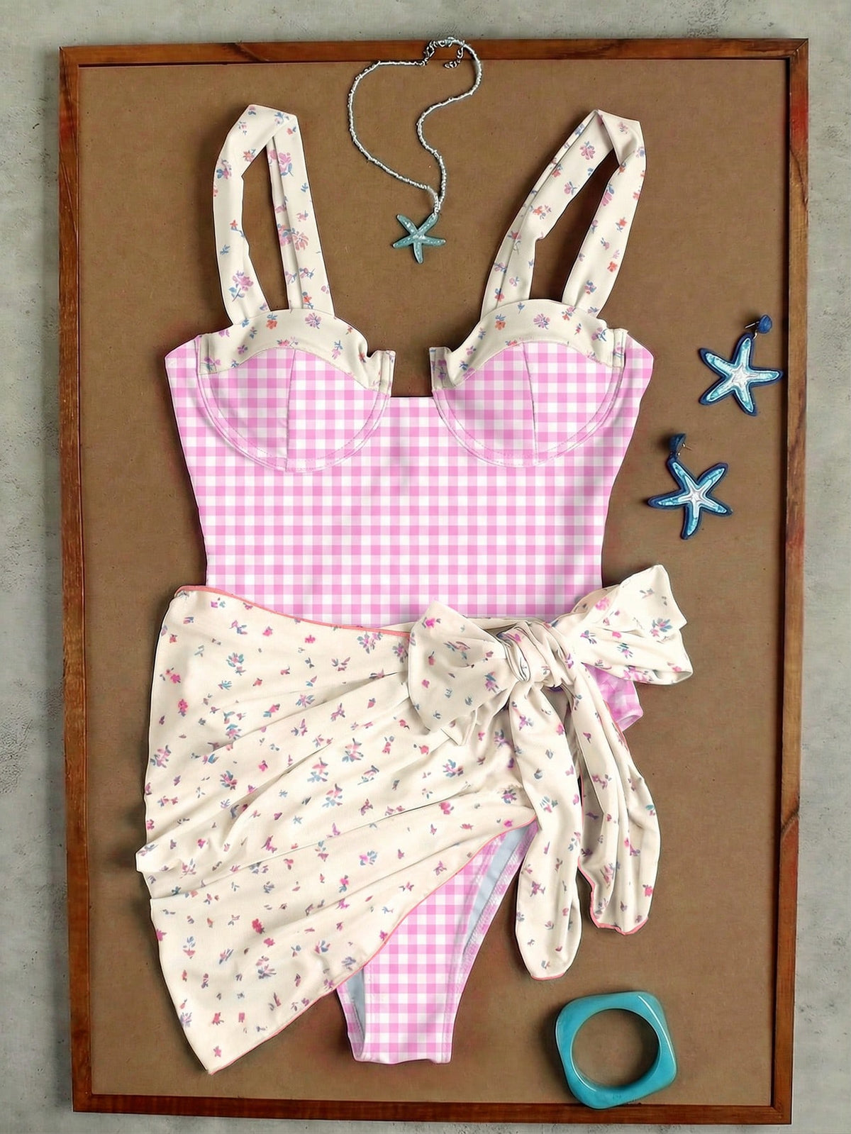 Ladies' Light Blue Floral Plaid Camisole Swimwear For Beach, Sweet Girl Vacation Style Two Pieces Bikini Set For Women's 2026 Spring Summer