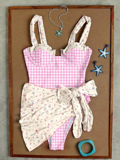 Ladies' Light Blue Floral Plaid Camisole Swimwear For Beach, Sweet Girl Vacation Style Two Pieces Bikini Set For Women's 2026 Spring Summer