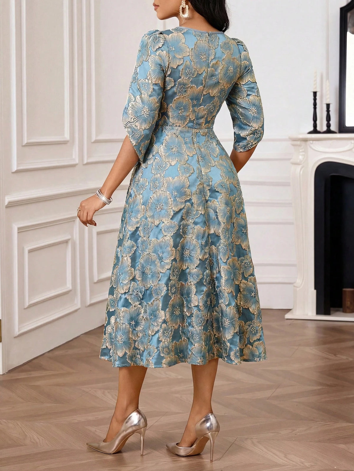 Lady Women's Elegant Mature Jacquard Round Neck Waist Cinched Long Dress, Summer,Dresses For Women Summer Wedding Formal Mother Of The Bride Blue Floral