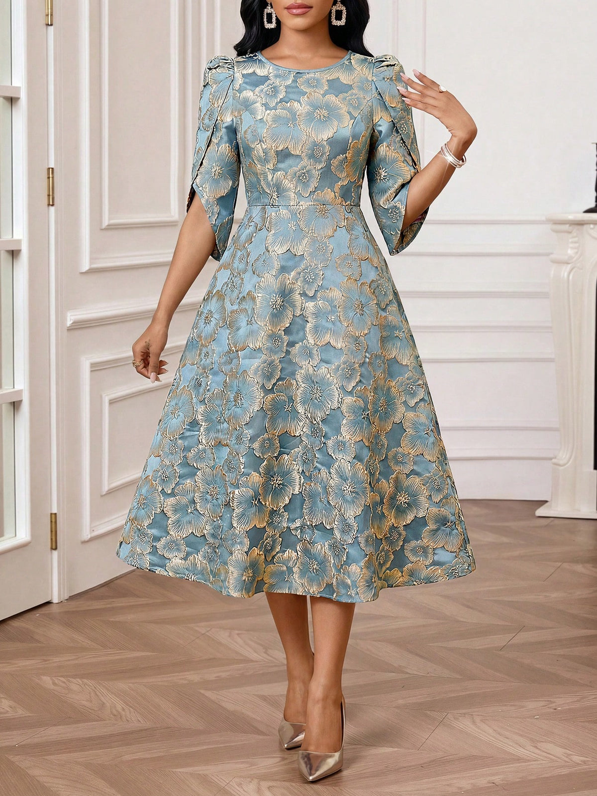Lady Women's Elegant Mature Jacquard Round Neck Waist Cinched Long Dress, Summer,Dresses For Women Summer Wedding Formal Mother Of The Bride Blue Floral