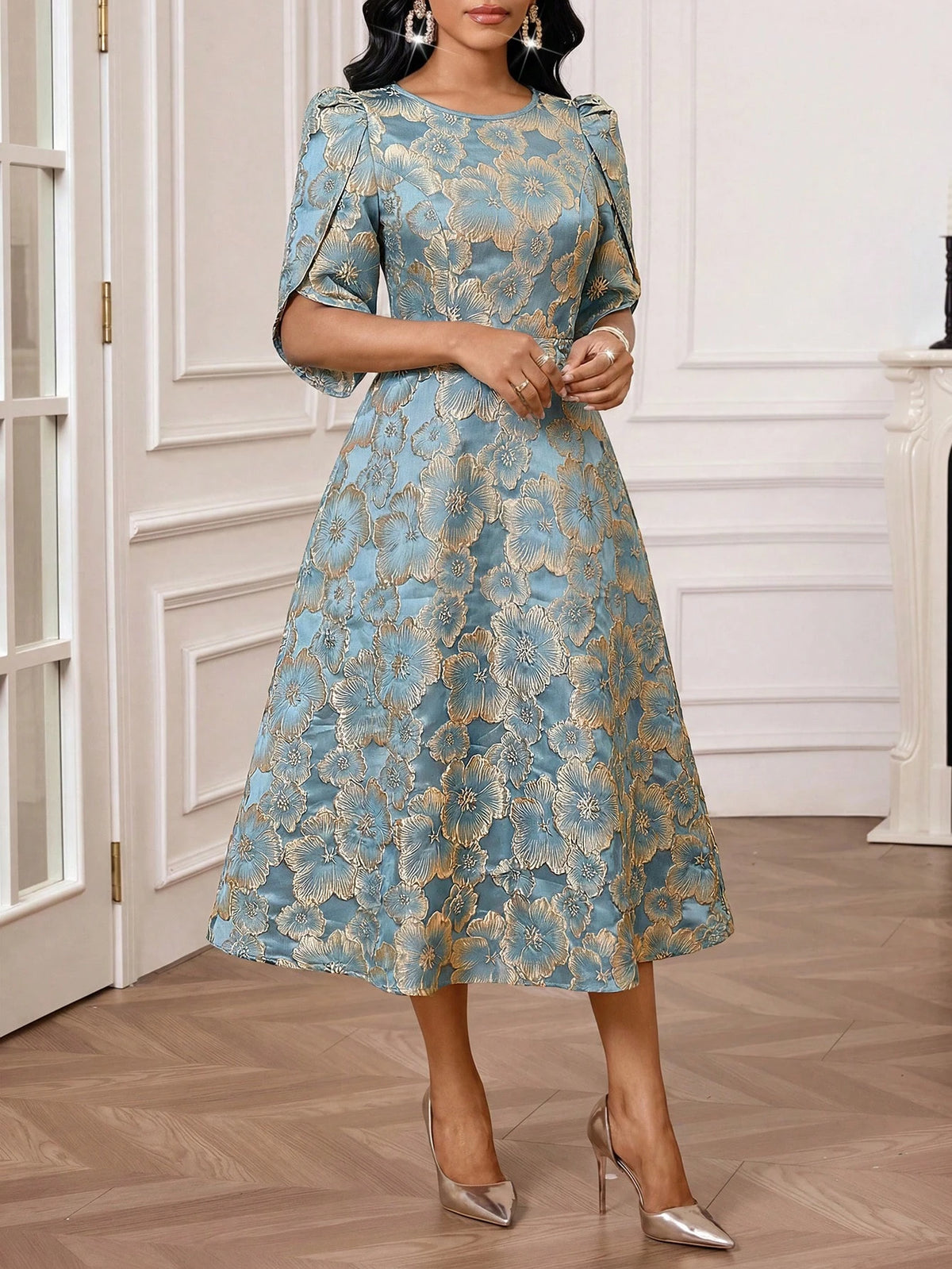 Lady Women's Elegant Mature Jacquard Round Neck Waist Cinched Long Dress, Summer,Dresses For Women Summer Wedding Formal Mother Of The Bride Blue Floral