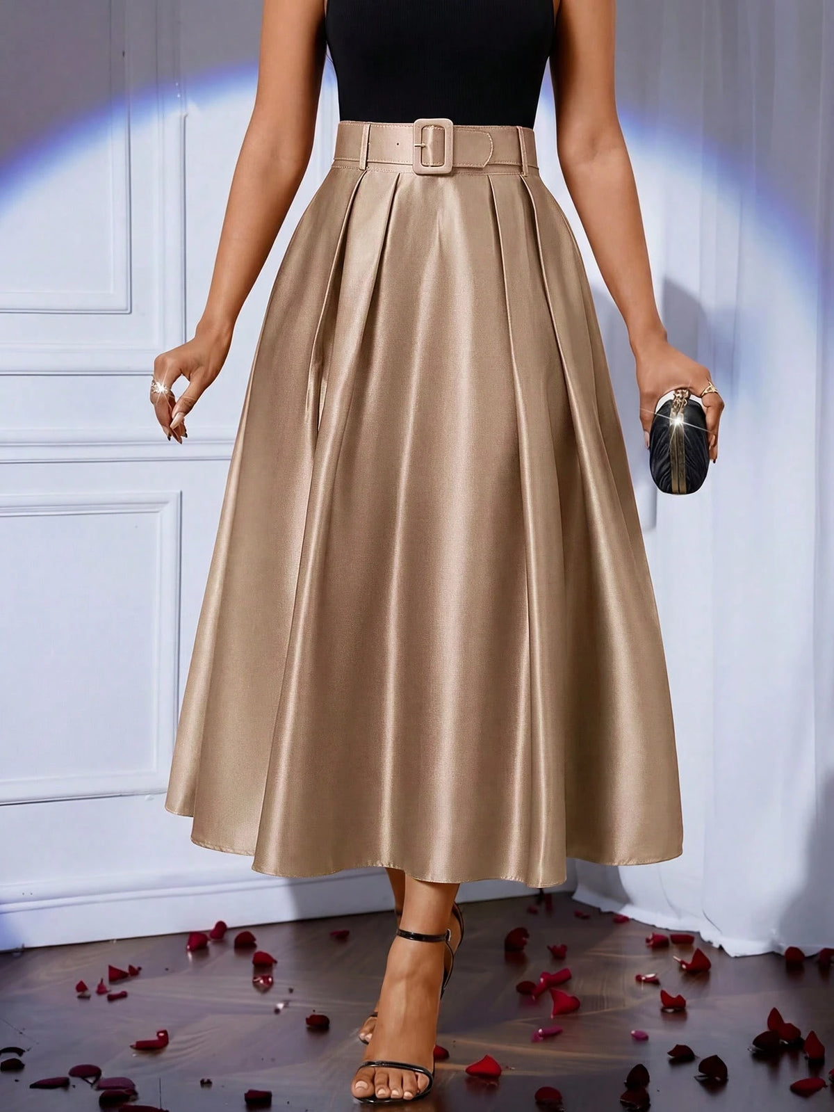 Lady Women's Khaki High Waist Pleated Elegant Skirt, Winter Elegant Unique Elegant Satin Skirt For Bar Party, Wedding, Office Wear Business Festival
