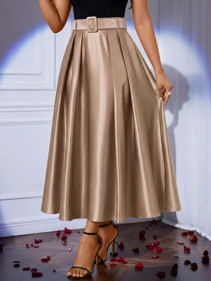 Lady Women's Khaki High Waist Pleated Elegant Skirt, Winter Elegant Unique Elegant Satin Skirt For Bar Party, Wedding, Office Wear Business Festival