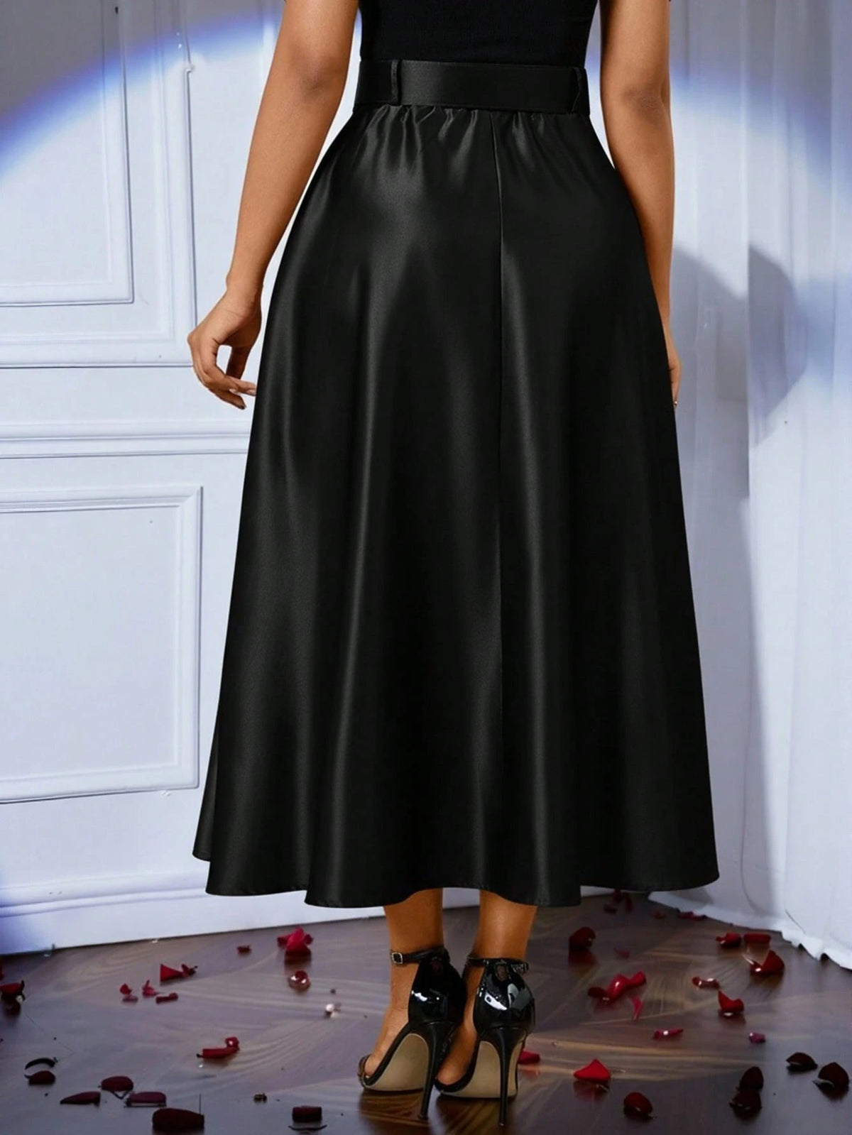 Lady Women's Khaki High Waist Pleated Elegant Skirt, Winter Elegant Unique Elegant Satin Skirt For Bar Party, Wedding, Office Wear Business Festival