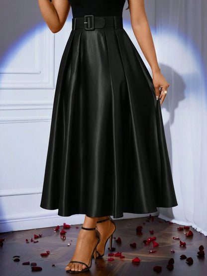Lady Women's Khaki High Waist Pleated Elegant Skirt, Winter Elegant Unique Elegant Satin Skirt For Bar Party, Wedding, Office Wear Business Festival